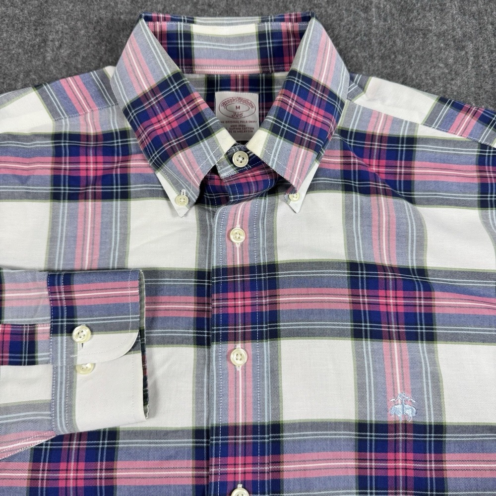 Brooks Brothers 346 Shirt Men M Plaid Pink Navy White Button Down 100% Cotton